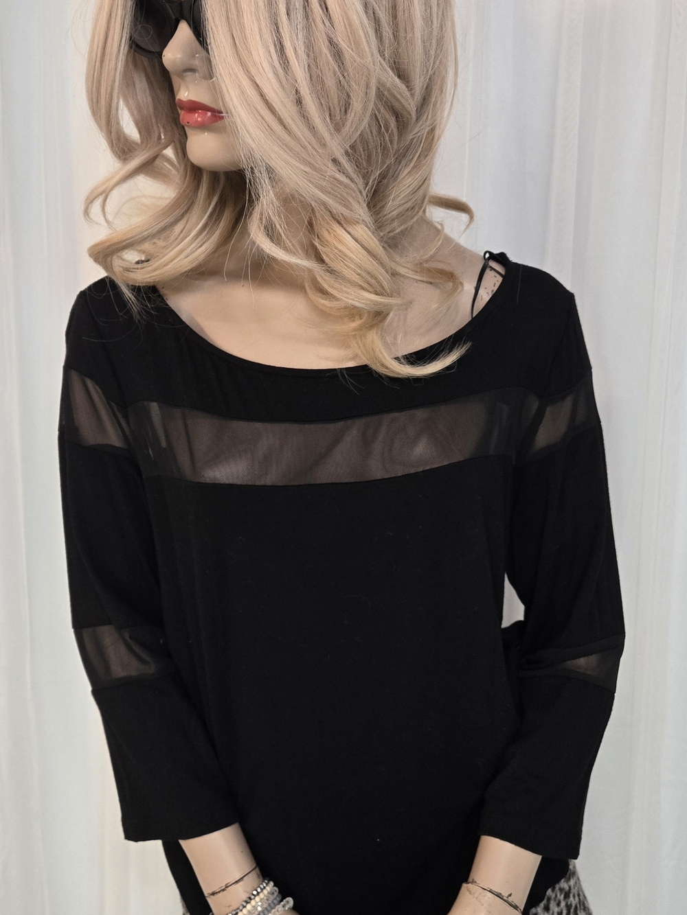Pleione Black 3/4 Sleeve Top with Sheer Mesh Panels. New With Tags.